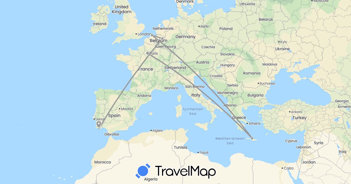 TravelMap itinerary: driving, plane in Belgium, France, Greece, Portugal (Europe)
